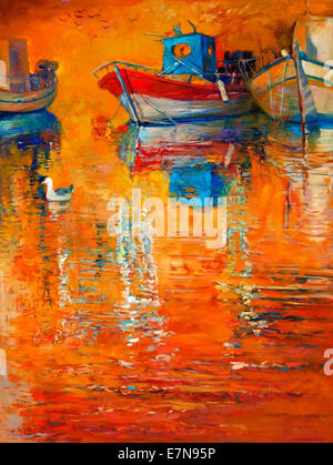 Original oil painting of fishing boats and sea on canvas.Rich golden Sunset over ocean.Modern Impressionism Stock Photo