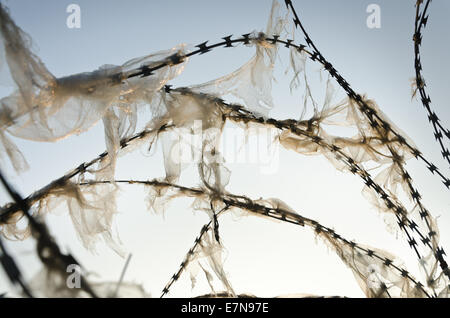 Galvanised high security razor wire and barbed wires deterrent to slow down climbing over walls with mass of shredded plastic Stock Photo