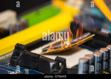 high performance personal computer CPU on fire Stock Photo