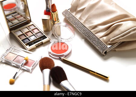 Powder foundation,makeup brush and lipstick Stock Photo