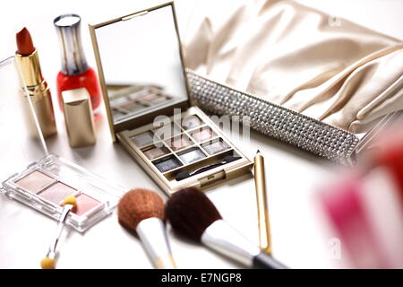 Powder foundation,makeup brush and lipstick Stock Photo