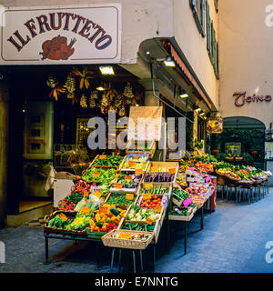 Vegetables and fruits merchant stall Lugano Ticino Switzerland Europe Stock Photo
