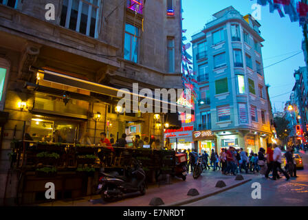 Restaurant terrace at corner of Istiklal caddesi the Independence street, Beyoglu district, central Istanbul, Turkey, Europe Stock Photo