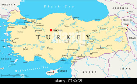 Turkey political map with capital Ankara, national borders and neighbor ...