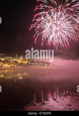 Saint Moritz, St. Moritzersee, New Year, fireworks, Saint Moritz, St. Moritz, village, festival, Openair, event, canton, GR, Gra Stock Photo