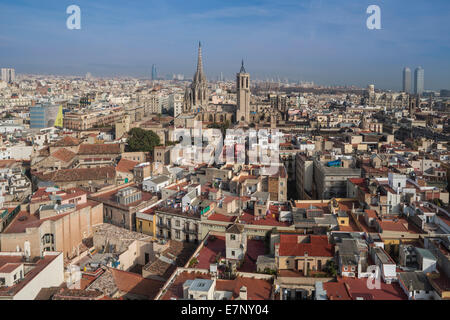 Barcelona, Catalonia, Cathedral, City, Ciutat Vella, Old Town, Spain, Europe, agbar, architecture, belfry, downtown, roofs, skyl Stock Photo