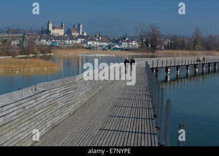Zurich lake, Jakob's way, wooden footbridge, Rapperswil SG, spring, lake, lakes, town, city, SG, canton St. Gallen, footpath, Sw Stock Photo