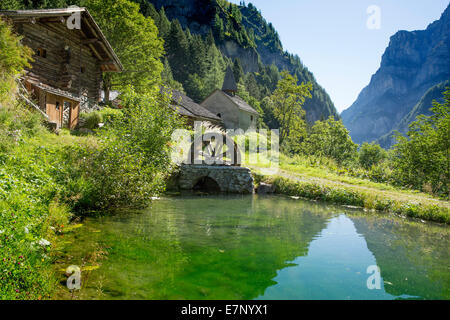 Calfeisental, St. Martin, village, water, SG, canton St. Gallen, waterwheel, Switzerland, Europe, Stock Photo