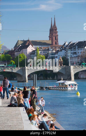 Rhine, Basel, Basle, Rhine, spring, river, flow, body of water, water, ship, boat, ships, boats, town, city, canton, BS, Basel S Stock Photo