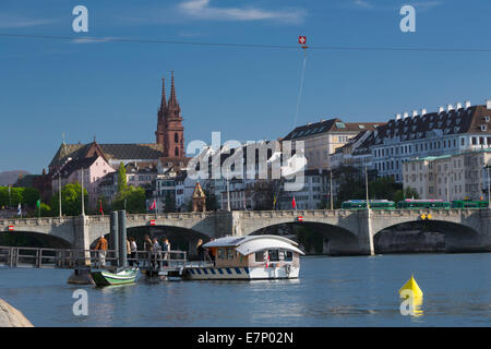 Rhine, Basel, Basle, Rhine, spring, river, flow, body of water, water, ship, boat, ships, boats, town, city, canton, BS, Basel S Stock Photo