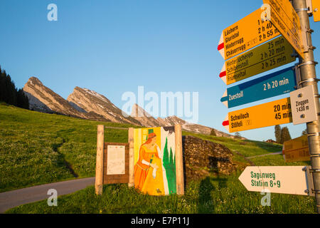 Churfirsten, legend way, Alp Sellamatt, Churfirsten, mountain, mountains, SG, canton St. Gallen, Toggenburg, footpath, signpost, Stock Photo