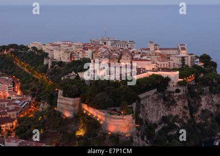 Prince's Palace of Monaco, Monte Carlo, Monaco, Cote d'Azur, Riviera, France, dusk, castle, sea, city Stock Photo