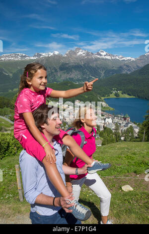 Engadin, Engadine, family, Heidi, flower way, Saint Moritz, St. Moritz, canton, GR, Graubünden, Grisons, Upper Engadine, family, Stock Photo