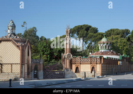Gaudi, Guell, Pedralbes, Finca, architecture, art, artistic, Barcelona, Catalonia, detail, dragon, entrance, gate, iron, Spain, Stock Photo