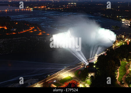 An aerial night view of Niagara Falls at night with illumination Stock Photo