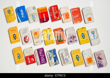 A set of 24 mobile phone SIM cards from various African countries Stock Photo