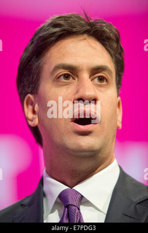 Manchester, UK. 22nd September, 2014. Ed Miliband, Leader of the Labour Party, Leader of the Opposition, speaks on day two of the Labour Party's Annual Conference taking place at Manchester Central Convention Complex Credit:  Russell Hart/Alamy Live News. Stock Photo