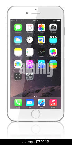 Apple Silver iPhone 6 Plus showing the home screen with iOS 8 Stock Photo