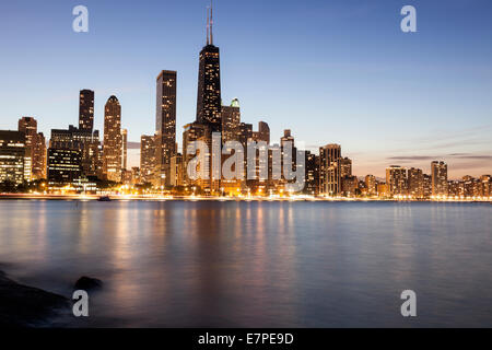 USA, Illinois, Chicago, Gold Coast buildings at dusk Stock Photo