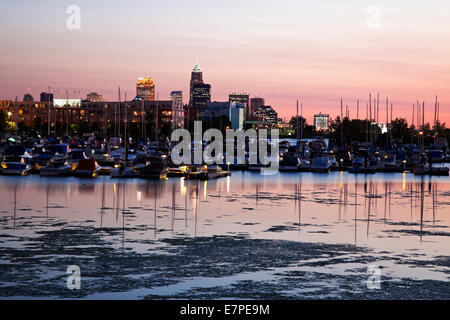 USA, Ohio, Cleveland, Cityscape and marina seen from lake Erie Stock Photo