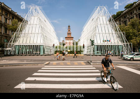 Milan, Expo 2015, EXPOGATE, Fair Universal, Exposition, Sforzesco castle, city,  gate, infopoint, pedestrian crossing, cyclist Stock Photo