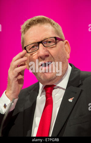 Manchester, UK. 22nd September, 2014. Len McCluskey, General Secretary of Unite, addresses the auditorium on day two of the Labour Party's Annual Conference taking place at Manchester Central Convention Complex Credit:  Russell Hart/Alamy Live News. Stock Photo