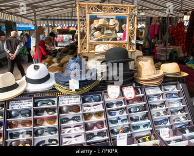 Sun hats sunglasses on sale at a Ludlow street market, Shropshire, England Stock Photo