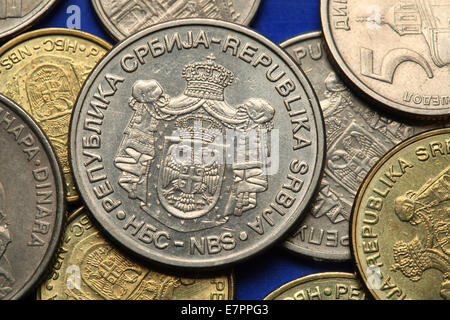 Coins of Serbia. Serbian national coats of arms depicted in Serbian dinar coins. Stock Photo