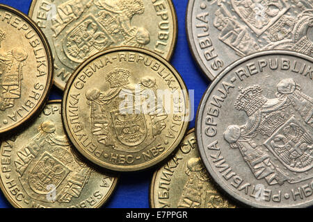 Coins of Serbia. Serbian national coats of arms depicted in Serbian dinar coins. Stock Photo