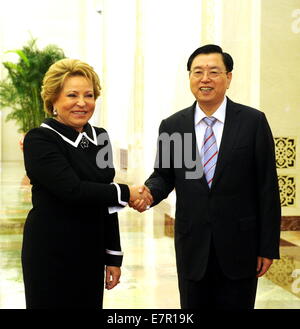 Beijing, China. 23rd Sep, 2014. Zhang Dejiang (R), chairman of the Standing Committee of China's National People's Congress, meets with Valentina Matviyenko, chairperson of Russia's Federal Assembly, in Beijing, capital of China, Sept. 23, 2014. Credit:  Rao Aimin/Xinhua/Alamy Live News Stock Photo