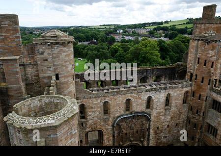 Part of the ruins of Linlithgow Palace during a medieval jousting tournament, Scotland. Stock Photo