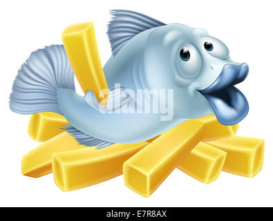 Fish and chips illustration of a happy fish character lying n chips or French fries and holding one Stock Photo