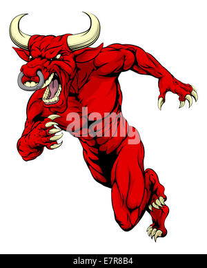 An illustration of a mean tough looking red bull sports mascot sprinting Stock Photo