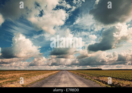 Empty country road with dramatic cloudy sky. Vintage toned effect Stock Photo