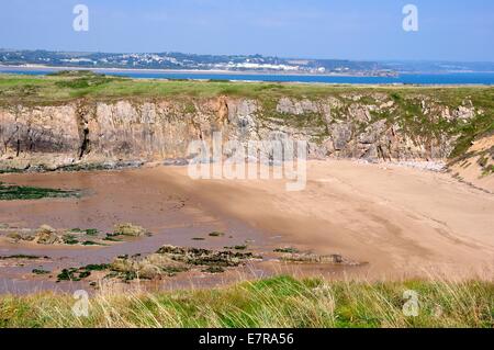 view from a high cliff on Caldey Island, Pembrokeshire, Wales.Tenby on the Welsh mainland is in the distance Stock Photo