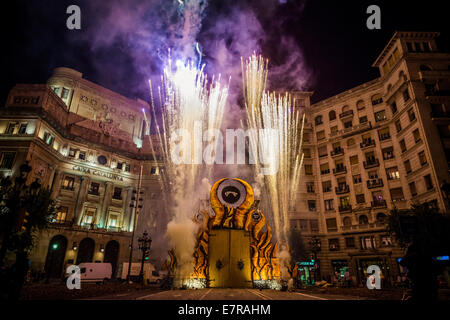 Barcelona, Spain. 21st Sep, 2014. The 'gate to hell' is enlightened by fire works at the beginning of the night of the correfocs at the Merce 2014 Credit:  matthi/Alamy Live News Stock Photo