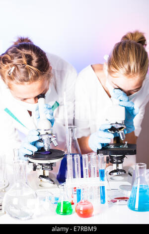 Two scientists in the chemical laboratory are doing experiments Stock Photo