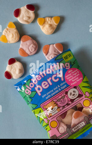 Bag of Marks & Spencer new globetrotting percy sweets open to show spilled contents Stock Photo