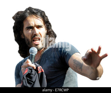 Russell Brand, comedian, speaking at The People's Assembly demonstration against Austerity, Parliament Square, London, 2014 Stock Photo