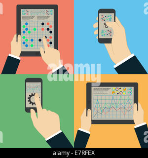 Interaction hands using mobile apps. infographics Stock Photo