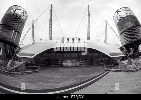 Entrance to O2 Arena with SubStations on either side, in black & white Stock Photo