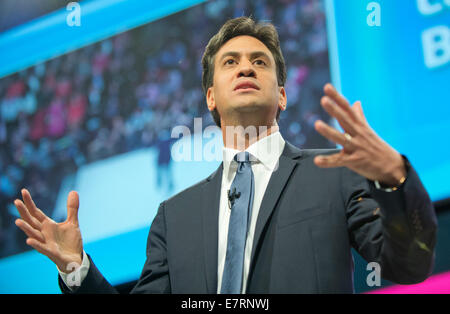 MANCHESTER, UK. 23rd September, 2014. Labour Leader Ed Miliband delivers his speech on day three of the Labour Party's Annual Conference taking place at Manchester Central Convention Complex Credit:  Russell Hart/Alamy Live News. Stock Photo