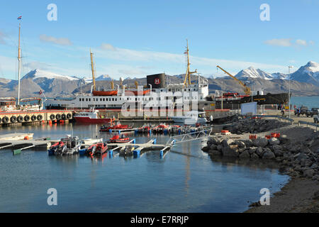 »MS Nordstjernen« at the jetty with boat terminal in the blue water of Kings Bay, 23 August 2012 Stock Photo