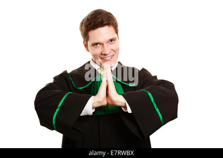 Law and justice. Man lawyer attorney in polish (Poland) black green gown showing thanks gesture hand sign isolated on white. Stock Photo