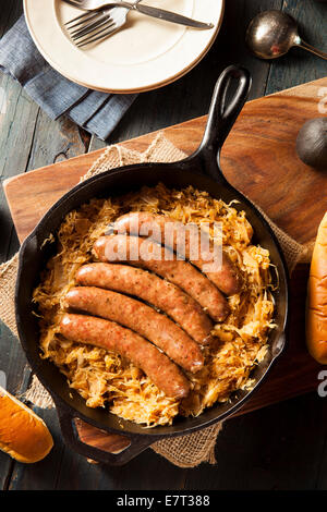Roasted Beer Bratwurst with Saurkraut in a Pan