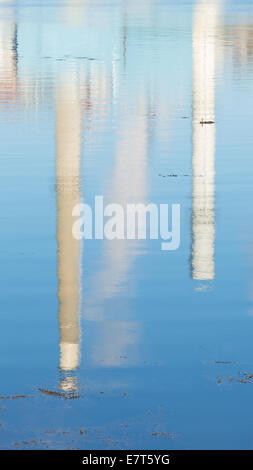 The blurred reflection of two large smoke stacks on salt water with seaweed floating in the foreground. Stock Photo