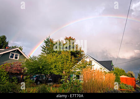A  double rainbow over a house in Portland Oregon Stock Photo