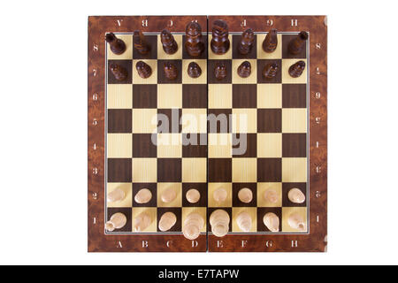 Chess board with starting positions aligned chess pieces, back view ...