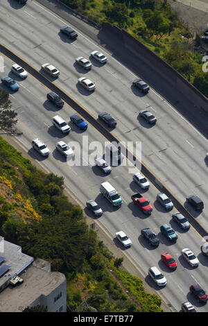 Heavy traffic on Bayshore Freeway (aka James Lick Freeway, US 101), San Francisco, California, USA - aerial Stock Photo