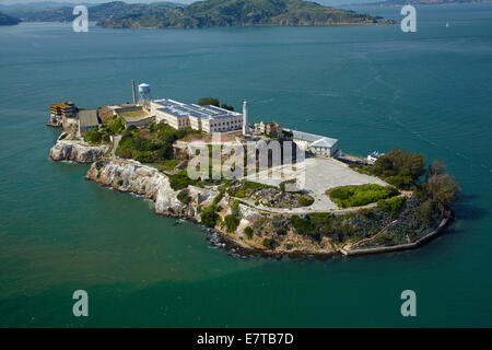 Alcatraz Island, former maximum high-security federal prison, San Francisco Bay, San Francisco, California, USA - aerial Stock Photo